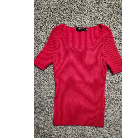 Zesica Sweaters - ZESICA Red Ribbed Square Neck Short Sleeve Knit Top Women's Size XL